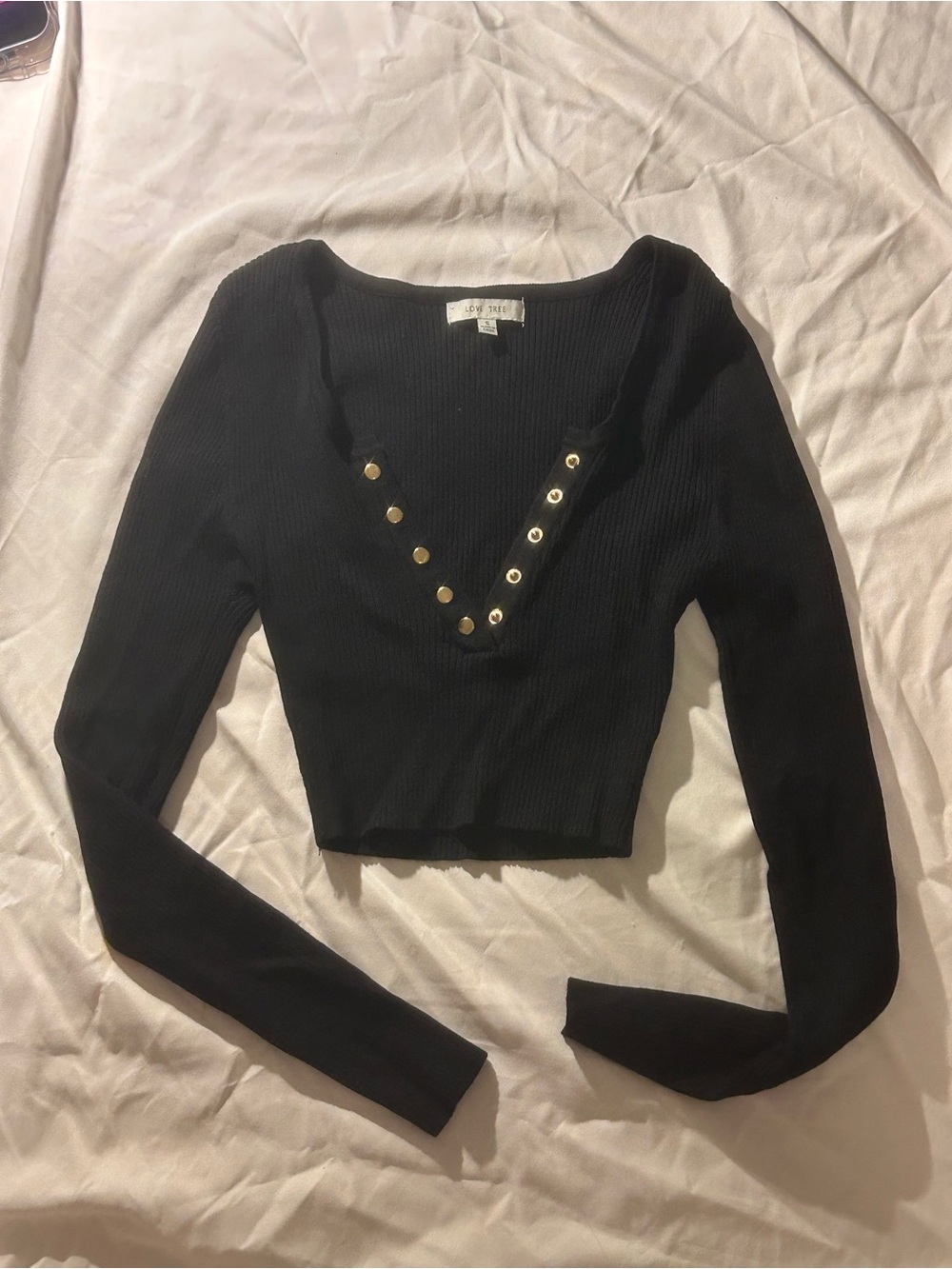 Love Tree Black Ribbed Long-Sleeve Crop Top with Gold Grommets